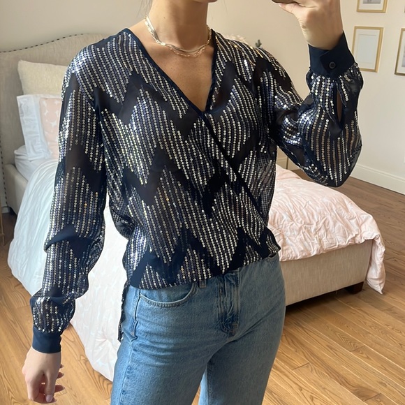 WAYF Sheer Sequin Navy Blue Wrap Top size medium - Picture 5 of 12